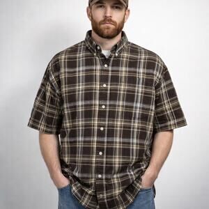 Carhartt Regular XL Plaid Short Sleeve Button Down Shirt Brown Cotton Workwear
